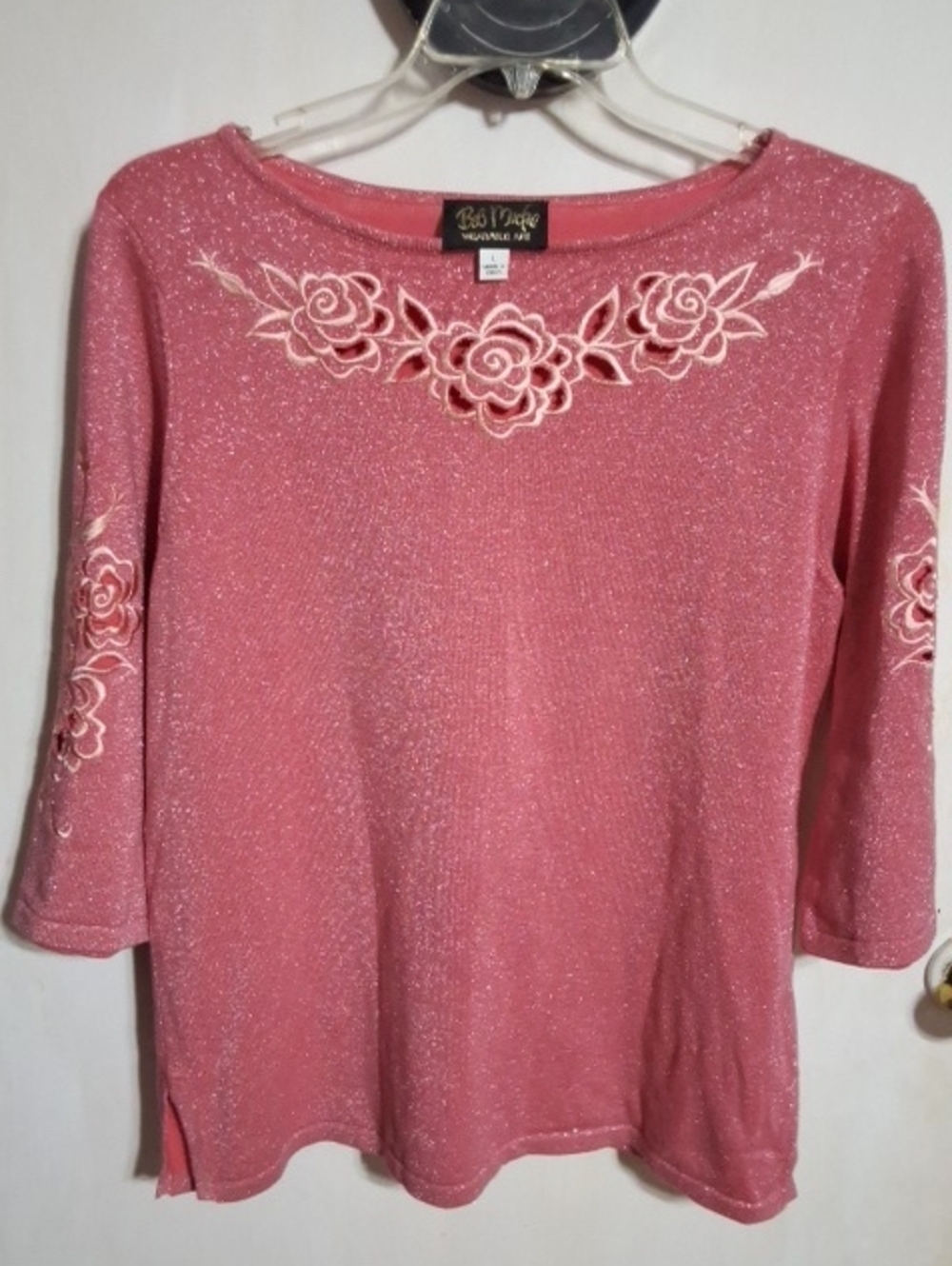 Bob Mackie Pink Glitter Rose-Embroidered Long Sleeve Top
